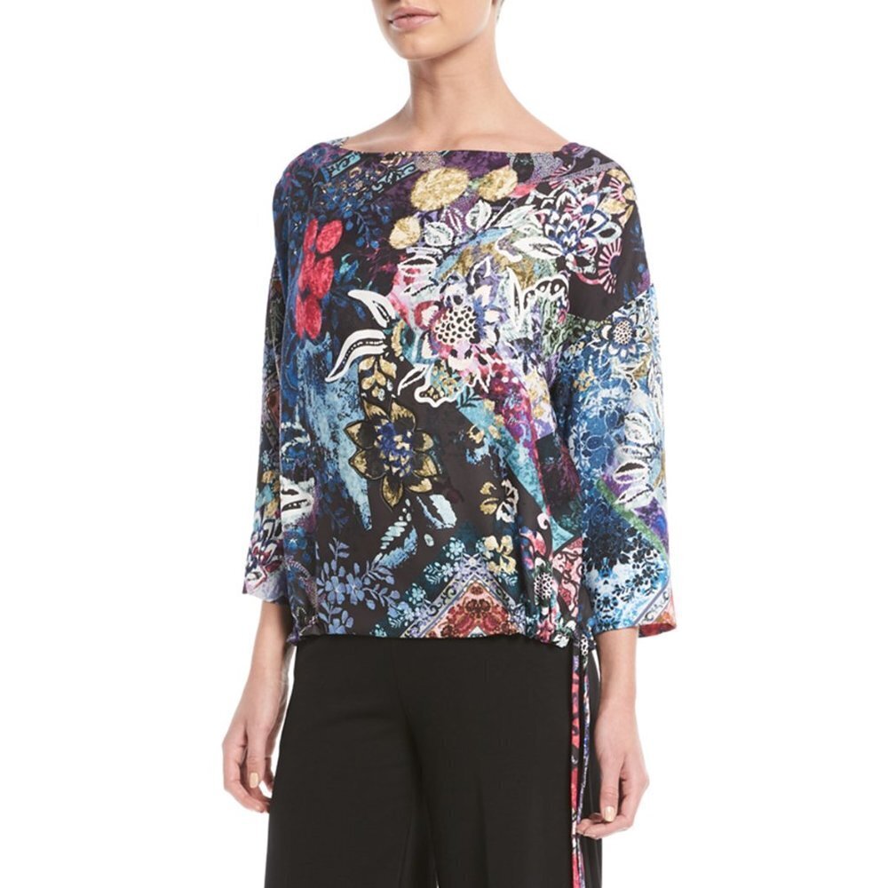 Fuzzi 3/4-Sleeve Multi Floral-Print Drawstring Top Size 42 US M